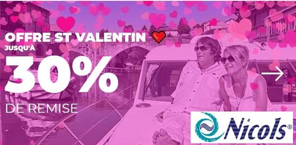 Offre St Valentin Nicols ❤️ 20% ou 30% de remise sur les croisières fluviales à bord d’un bateau sans permis (quelle que soit la date de la croisière )