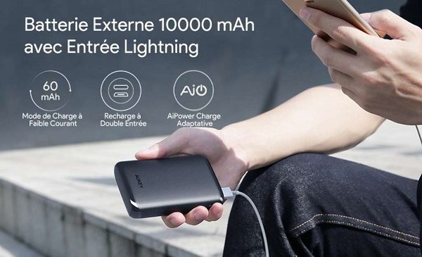 Batterie Externe 10000 Mah Aukey Pb N64 Compacte 2 Ports Usb 2 Entrées Micro Usb Lightning