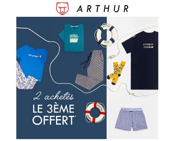 2 articles Arthur achetés, le 3ème OFFERT (Caleçons, Boxers, Pyjamas, Chaussettes… pour hommes, femmes et enfants) + livraison gratuite