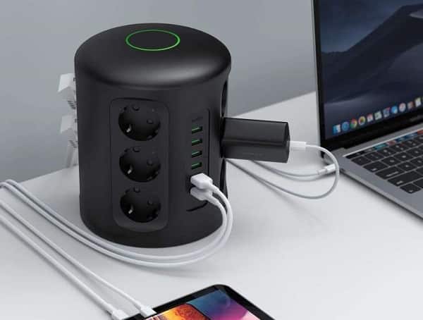 Aukey Tour Multiprise Avec Protection Parafoudre, 6 Ports De Charge Usb Et 12 Pr