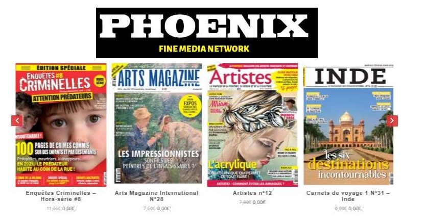 Tous les magazines Phoenix Publications gratuits en version numérique (VivaDéco, Carnets de voyage, Enquêtes Criminelles, Rétro, Artistes, Arts Magazine International, Urban Arts Magazine)