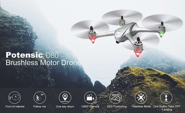 Drone Potensic D80 Avec Fonction Suivez Moi, Camera Hd 2k, Fpv, Wi Fi, Gps + Valise