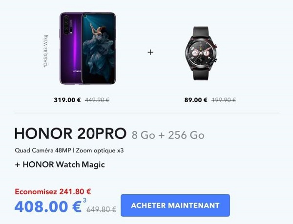 Pack Smartphone Honor 20 Pro (8go+256go) Et Montre Connectée Honor Watch Magic