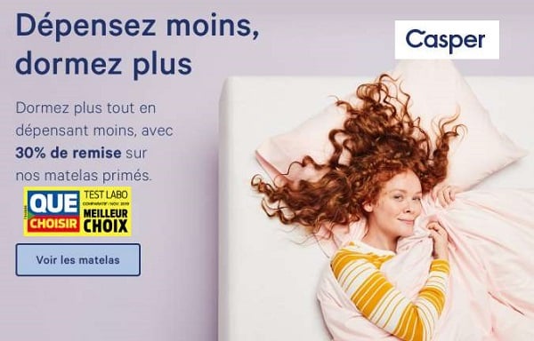 30% de remise sur les matelas Casper (ou -50% sur les draps) livraison gratuite