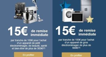 15€ de remise immédiate tous les 100€ d’achat pour l’achat petit ou gros électroménager sur Boulanger