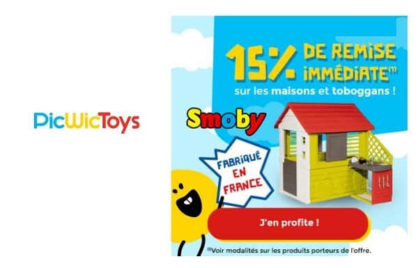 15% de remise immédiate sur toutes les maisons et toboggans Smoby (fabriqué en France)
