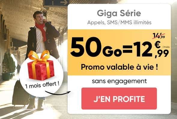 Forfait Giga Série Prixtel 50Go : 12,99€/mois Appels et SMS/MMS illimités FR, EU, DOM (réseau SFR ou Orange au choix) A VIE