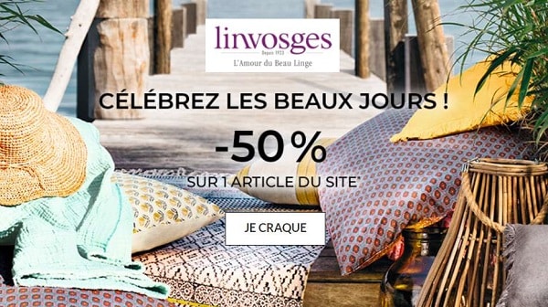 Offres linge maison, linge de lit, linge bain Linvosges : -50% sur un article au choix (et autres remises)