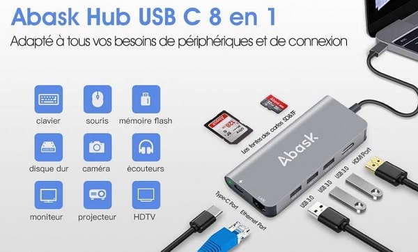 adaptateur hub usb c 8 en 1 abask