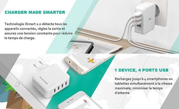 Chargeur Secteur Mural 4 Ports Usb Ravpower Rp Pc026