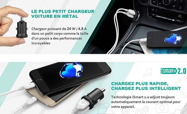 Chargeur Voiture Usb 2 Ports (4.8 A) En Alliage D’aluminium Ravpower Rp Pc031