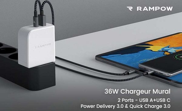 Chargeur Usb 2 Ports 36w Rampow Rba24