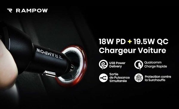 Chargeur Allume Cigare Usb C Power Delivery + Usb A Rampow C03