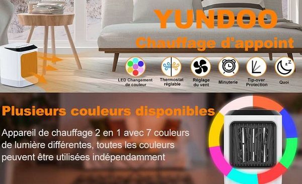 Petit Radiateur Soufflant 2 En 1 (chaud Froid) Avec éclairage Led Yundoo