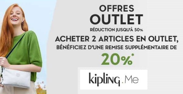 2 articles outlet Kipling achetés = 20% supplémentaire & livraison gratuite