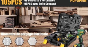 69,99€ le coffret perceuse à percussion visseuse sans fil 18V POPOMAN 2 batteries (105 Pieces) – port inclus