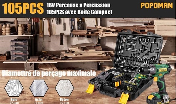 Coffret Perceuse à Percussion Visseuse Sans Fil 18v Popoman