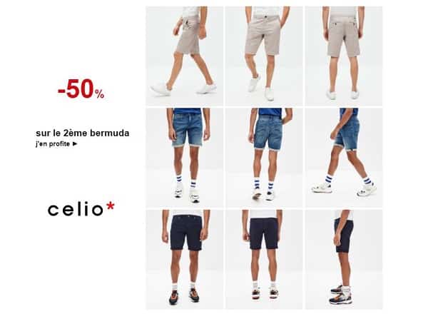 offre BERMUDAS Celio : 1 bermuda acheté, le second à moitié prix