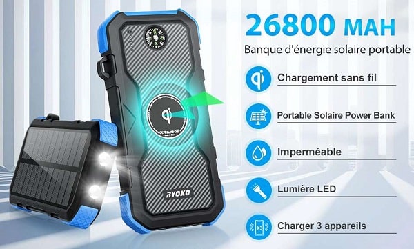 chargeur solaire 26800mah ryoko avec charge rapide sans fil