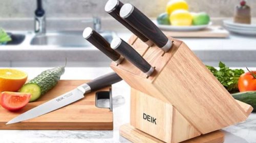 Lot De 5 Couteaux De Cuisine Avec Poignée En Bois Deik + Bloc En Bois Rotatif