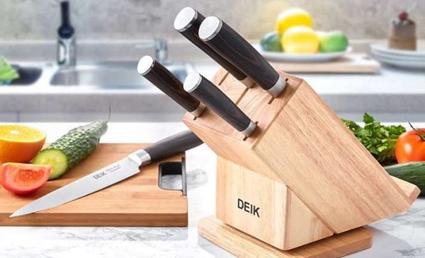 Lot De 5 Couteaux De Cuisine Avec Poignée En Bois Deik + Bloc En Bois Rotatif