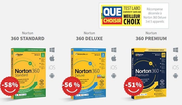 Plus de 50% de remise sur les logiciels Norton (Norton 360 Standard, Norton 360 Deluxe ou Norton 360 Premium) : dés 28,99€