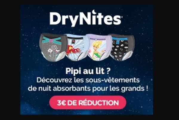 Bons de réduction DryNites : -3€ sur les sous-vêtements de nuit absorbants et alèses jetables