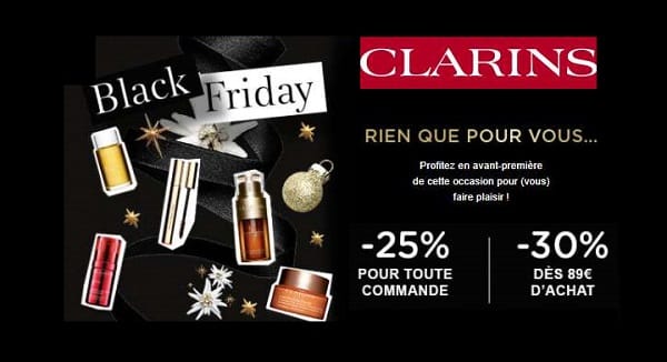 Black Friday de Clarins = -25% sans minimum d’achat sur tout (-30% dès 89€)