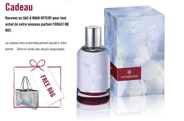 1 parfum Forget Me Not Victorinox acheté = un sac à main Victorinox (soit 59€ port inclus)