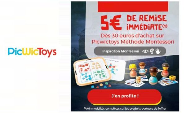 5€ de remise immédiate sur les jouets méthode montessori picwictoys