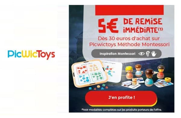 5€ de remise immédiate sur les jouets méthode montessori picwictoys