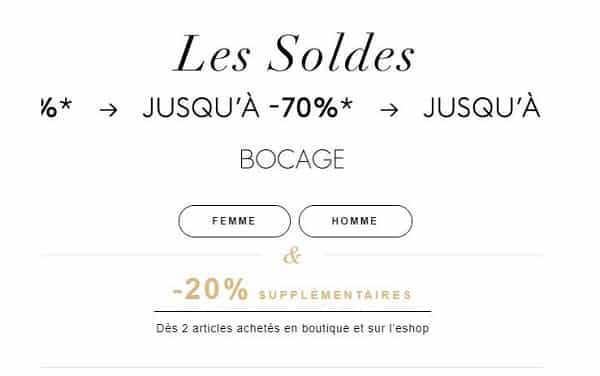 Derniers jours des soldes Bocage = 20% supplémentaire dés 2 articles (déjà jusqu’à -70% )