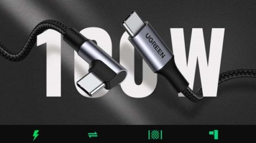 12,74€ câble de 2 mètres USB C vers USB C coudée UGREEN 5A 100W (gaine de protection en nylon tressé)