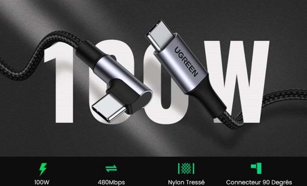 câble de 2 mètres USB C vers USB C coudée UGREEN 5A 100W