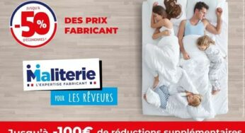 Bon achat pour économiser sur vos achats chez Maliterie (en ligne ou mag) : 9,90€ les 50€ d’achat ou 19,90€ les 100€