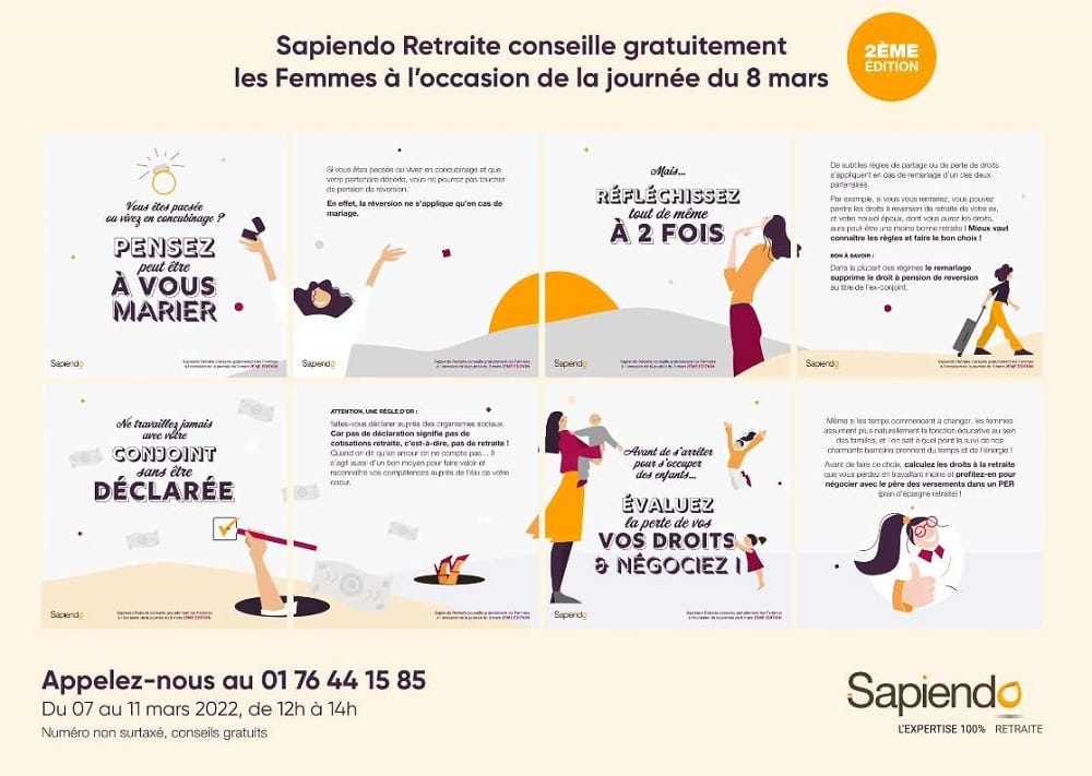 Journée de la femme : numéro gratuit Sapiendo pour poser vos questions liées à la retraite de 12h à 14h du 7 au 11 Mars 2022 (pour les femmes)