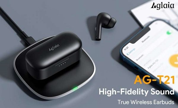 écouteurs bluetooth type airpods aglaia ag t21 avec boîtier de charge et chargeur sans fil