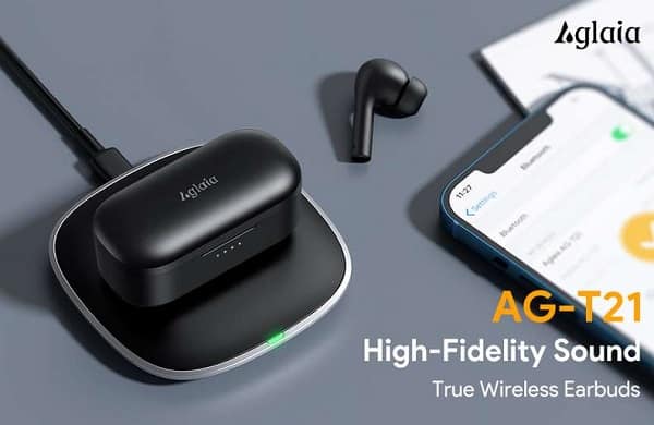 écouteurs bluetooth type airpods aglaia ag t21 avec boîtier de charge et chargeur sans fil