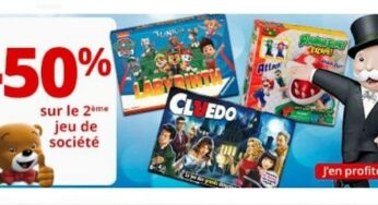 1 jeu de société acheté = remise de 50% sur le second (Hasbro Gaming, Ravensburger, Mattel, Gigamic…)