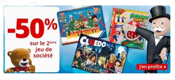 1 jeu de société acheté = remise de 50% sur le second