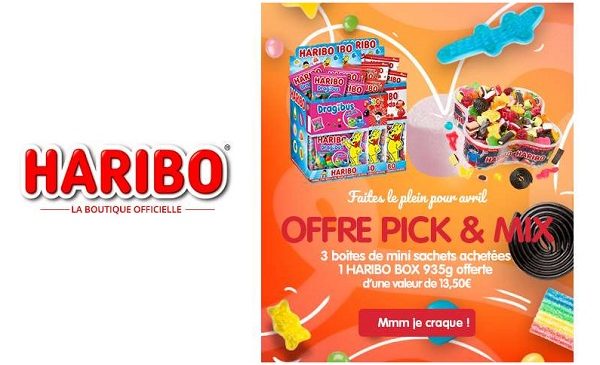 3 boîtes de minis sachets achetés = 1 haribo box de 935g offerte