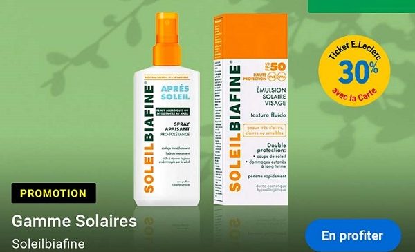 30% en crédit ticket e.leclerc sur les produits solaire soleilbiafine