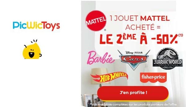 picwictoys 1 jouet ou jeux mattel acheté = 50% sur le second article