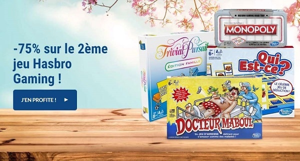 pour l'achat de 2 jeux hasbro gaming, bénéficiez de 75% de remise immédiate sur le second