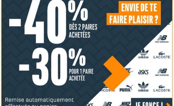 1 paire achetée = 30%, 2 paires = 40% sur chausport