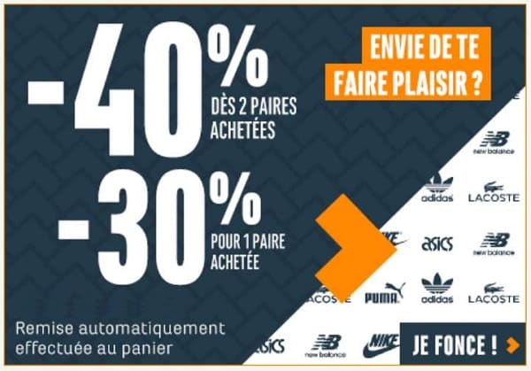 1 paire achetée = 30%, 2 paires = 40% sur chausport