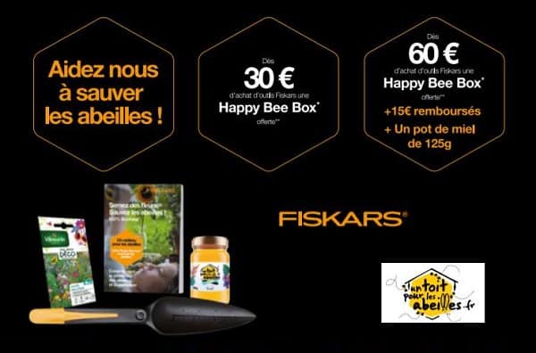 Offre Fiskars Happy Bee Box (1 plantoir + graines) : 30€ d’achat =1 box gratuite / 60€ d’achat = 1 box gratuite + 15€ remboursé + 1 miel