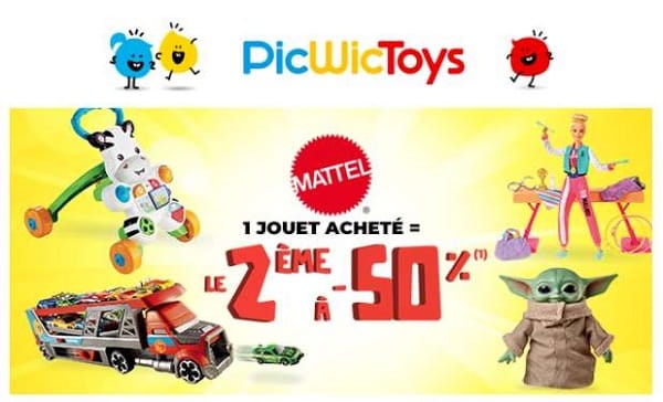 offre picwictoys 1 jouet ou jeux mattel acheté = 50% sur le second article