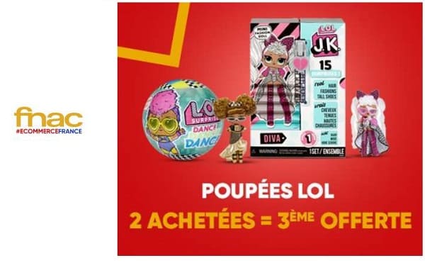 Pour l’achat de 2 L.O.L. Surprise , le 3ème L.O.L. gratuit (FNAC)