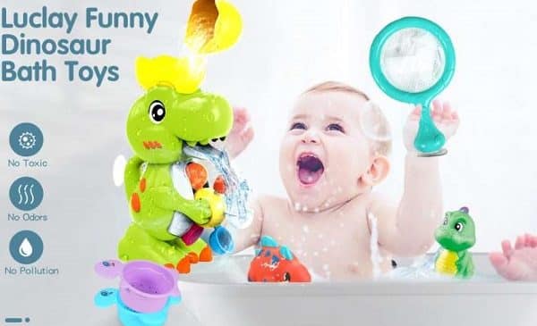 jouet de bain dinosaure cascade + 2 petits dinosaures, 2 passoires et filet de pèche luclay